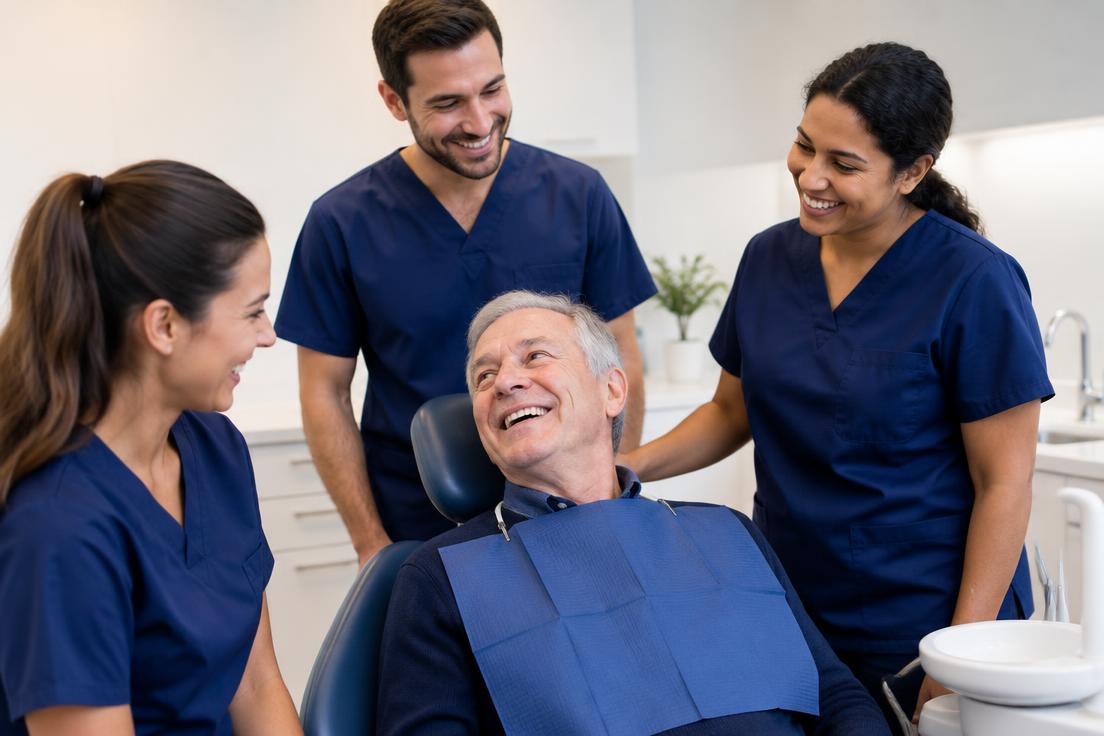 A care team smiling with a patient